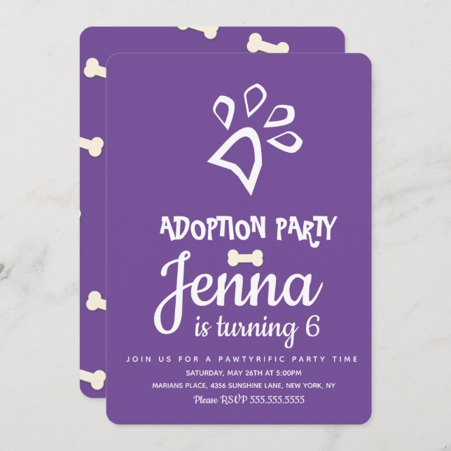 Lila för minsta möjliga adoptionsstandard Pet Hund Inbjudningar (Fram/baksida)