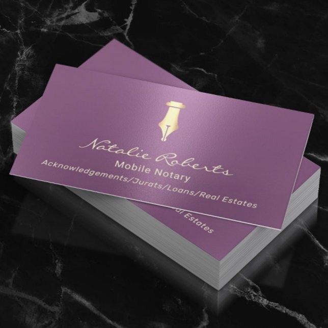 Lila för Mobile Notary Public Golden Signing Pen Visitkort (Skapare uppladdad)