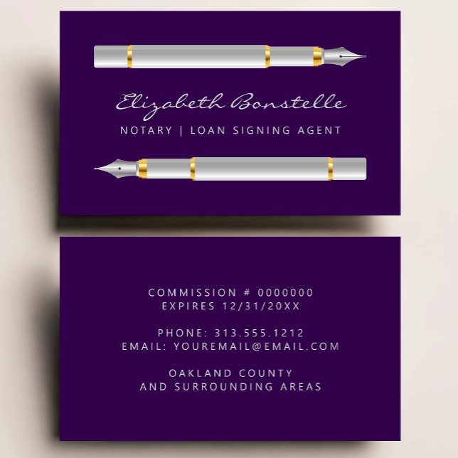 Lila för Mobile Notary Signing Agent Fontän Pens Visitkort (Skapare uppladdad)