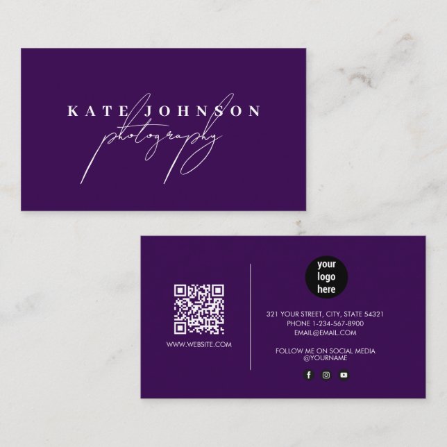 Lila för mörk Namnteckning skript QR Code Social M Visitkort (Fram/baksida)