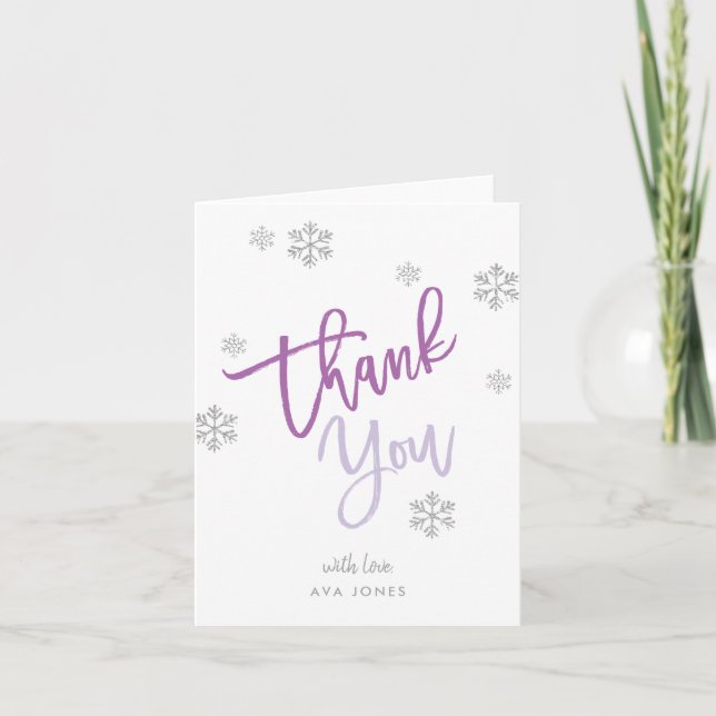 Lila för snöflingor i Winter Silver Glitter Tack Kort (Framsida)