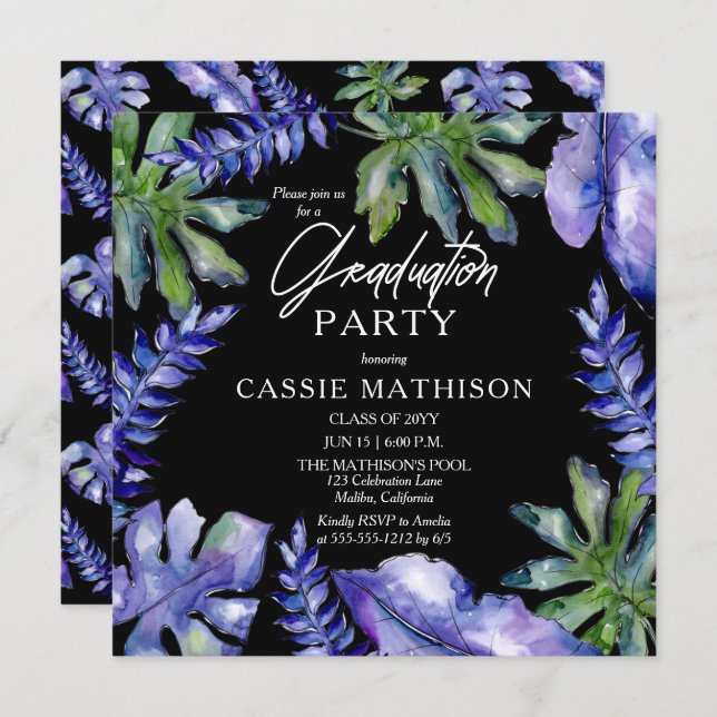 Lila för tropiska Löv | Studentfest av Grönt Inbjudningar (Fram/baksida)