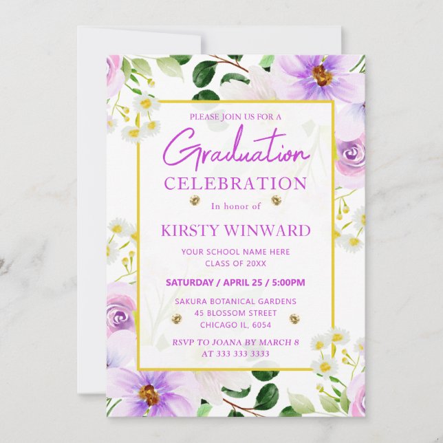 Lila för vattenfärg, magiska blommor Studenten Inbjudningar (Framsida)