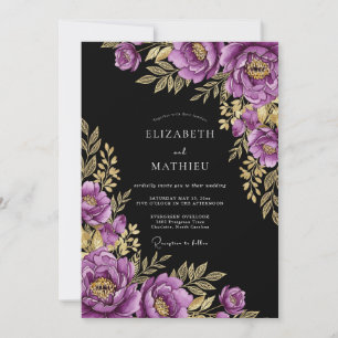 Lila Förgylld Blommig Romantisk Bröllop Inbjudningar