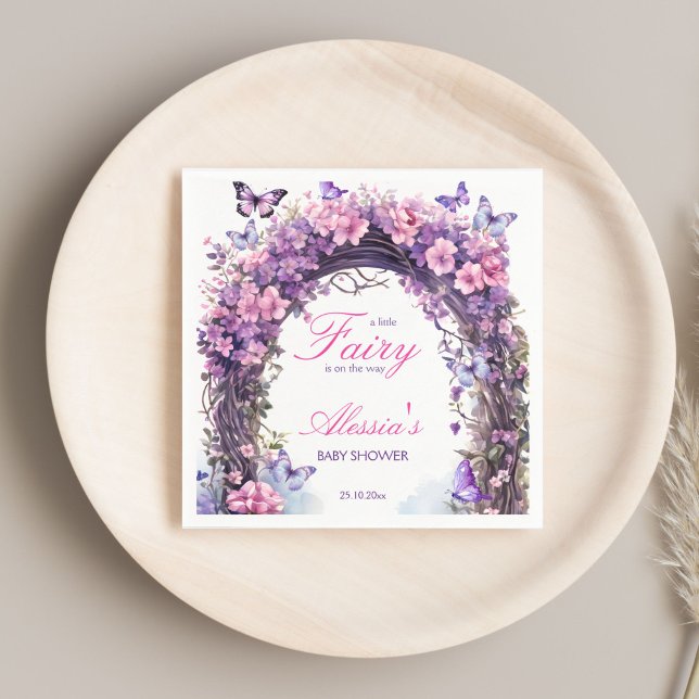 Lila, förtrollad babydusch för trädgårdsodling pappersservett (Purple pink enchanted garden butterflies fairy baby shower monogram printed napkins table decor)