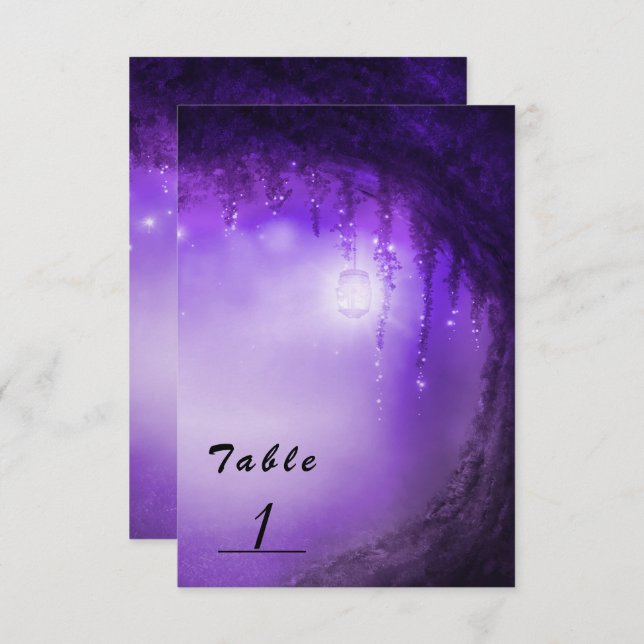 Lila Förtrollad Skog Bröllops Bord Nummer Kort (Fram/baksida)