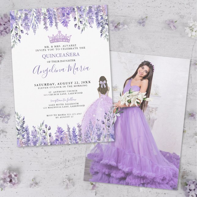 Lila Foto Blommig Quinceañera Inbjudningar (Purple Lavender Photo Floral Quinceañera Invitation)