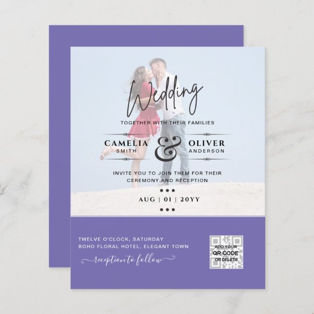Lila Foto Bröllopsinbjudan QR-kod Spara datumet (Fram/baksida)