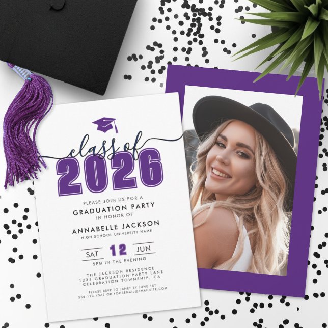 Lila Foto Examenfest Inbjudningar (Purple Photo Graduation Party Invitation)