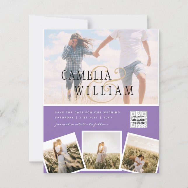 Lila Fotobröllop - bjud in QR-kod Spara datum (Framsida)