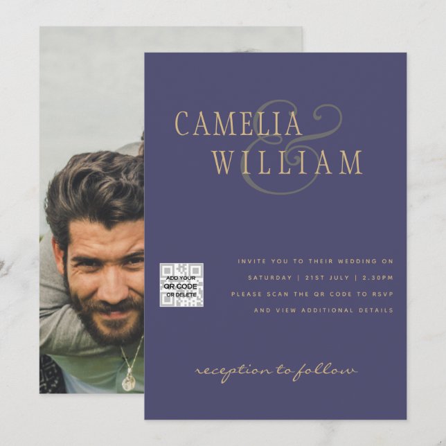 Lila Fotobröllop - bjud in QR-kod Spara datum Inbjudningar (Fram/baksida)