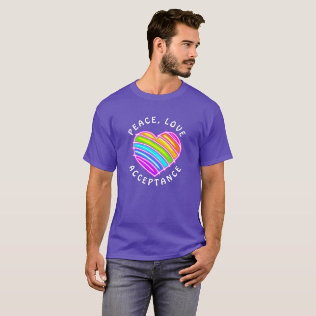 Lila Fred Kärlek Acceptans Regnbåge Stolthet Hjärt T Shirt (Hel framsida)