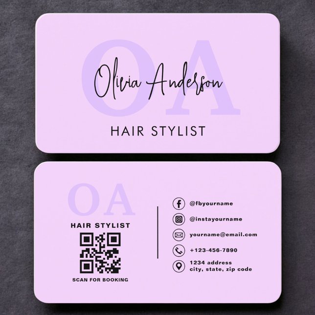 Lila Frisör Monogram QR-kod Visitkort (Skapare uppladdad)