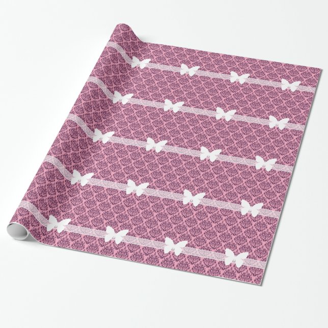 Lila Frosted Orchid Damask with Butterfly Presentpapper (Utrullad)