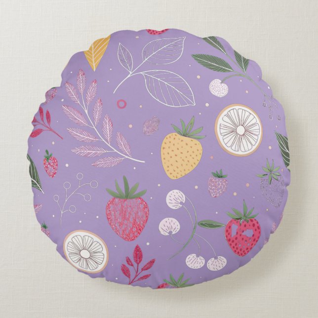 lila Frukt Blommigt Round Pillow Rund Kudde (Framsidan)