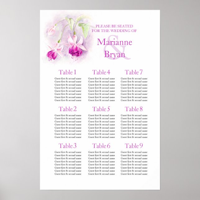 Lila fuchsia Bröllops Sittplatsschema 1-9 Poster (Framsidan)