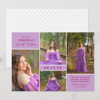 Lila Fuchsia Minimal Fotokollage Sweet Sixteen Inbjudningar