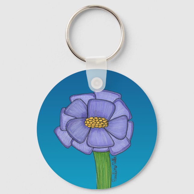 Lila fyrkantig blomma med blå bakgrund nyckelring (Framsida)