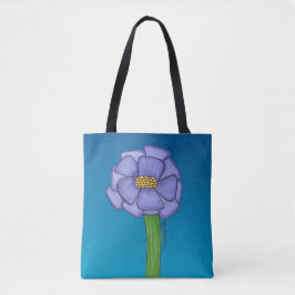 Lila fyrkantig blomma med blå bakgrund tygkasse