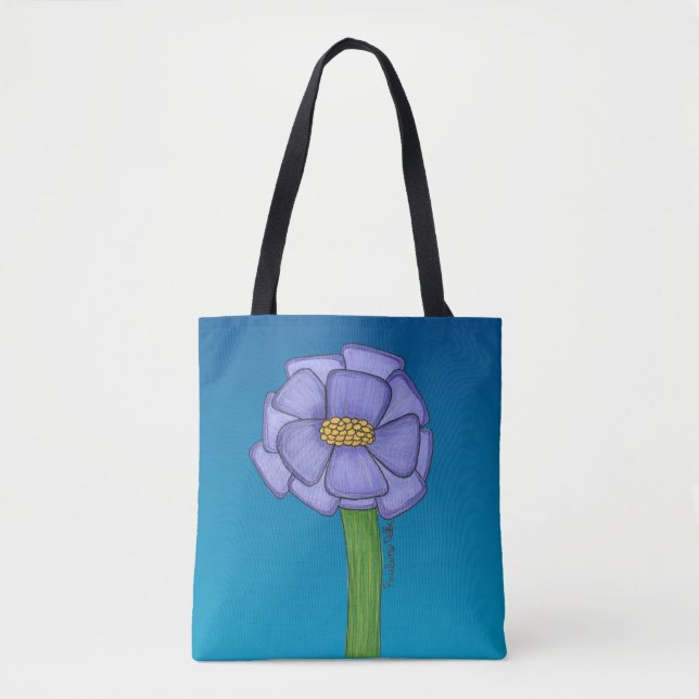 Lila fyrkantig blomma med blå bakgrund tygkasse (Framsida)