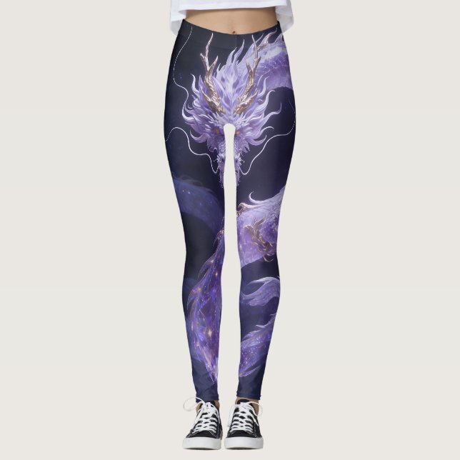 Lila Galaxdrake | Mystisk Kosmisk Drakfantasi Leggings (Framsida)