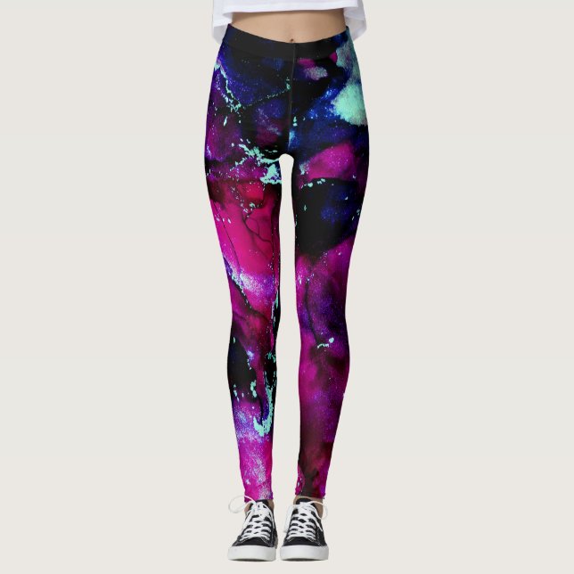 Lila Galaxy Alcohol Bläck Abstrakt Leggings (Framsida)