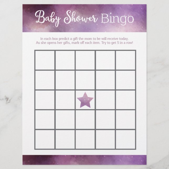 Lila Galaxy Baby Shower Bingo Game (Framsida)