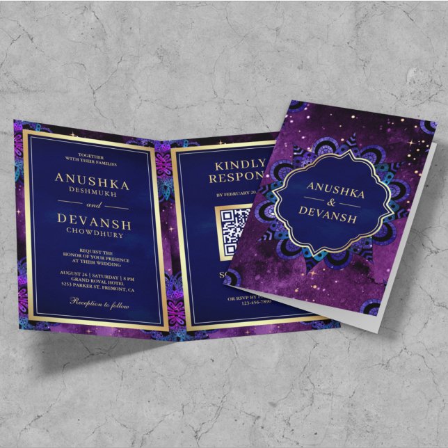 Lila Galaxy Blue Mandala QR-kod Indiska Bröllop Inbjudan (Skapare uppladdad)