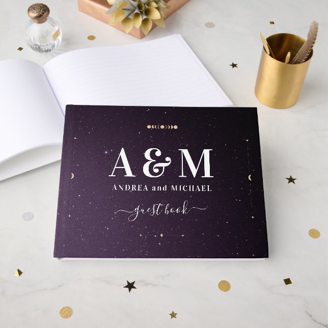 Lila Galaxy Celestial Starry Guld Måne Bröllop Gästböcker (Framsida Öppen)