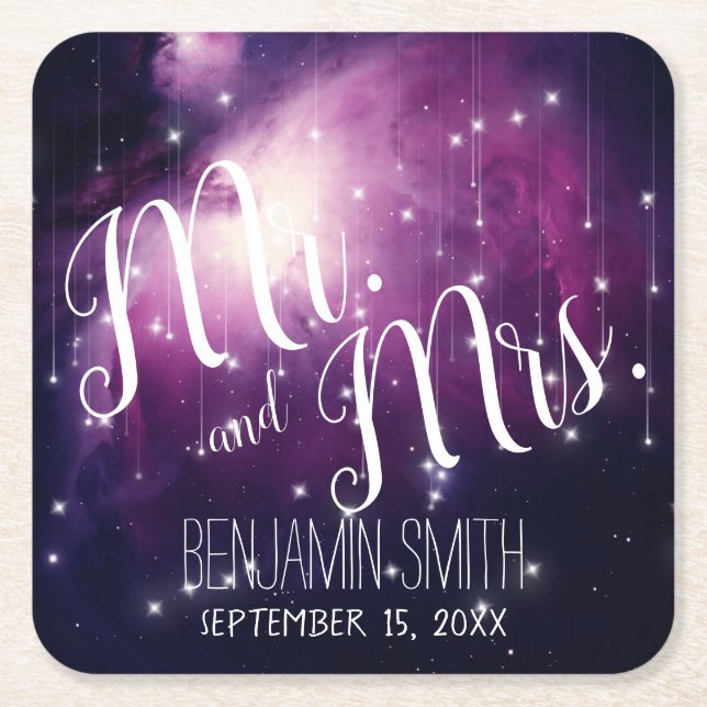 Lila Galaxy Celestial Stars Night Himlar Bröllop Underlägg Papper Kvadrat (Framsidan)