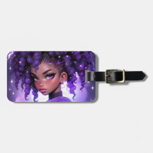 Lila Galaxy Girl med Curly Hair Bagagebricka