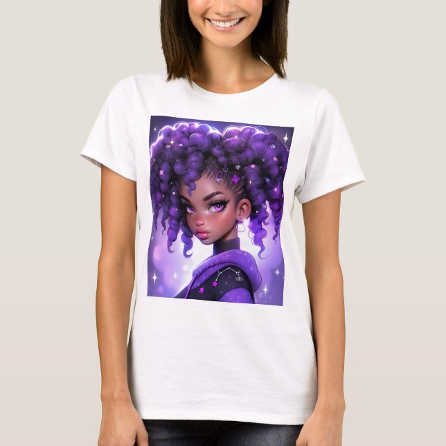 Lila Galaxy Girl med Curly Hair T Shirt (Framsida)