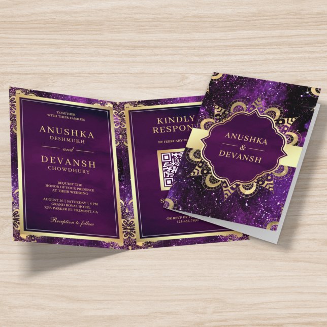 Lila Galaxy Guld Mandala QR-kod Indisk Bröllopsinb Inbjudan (Skapare uppladdad)