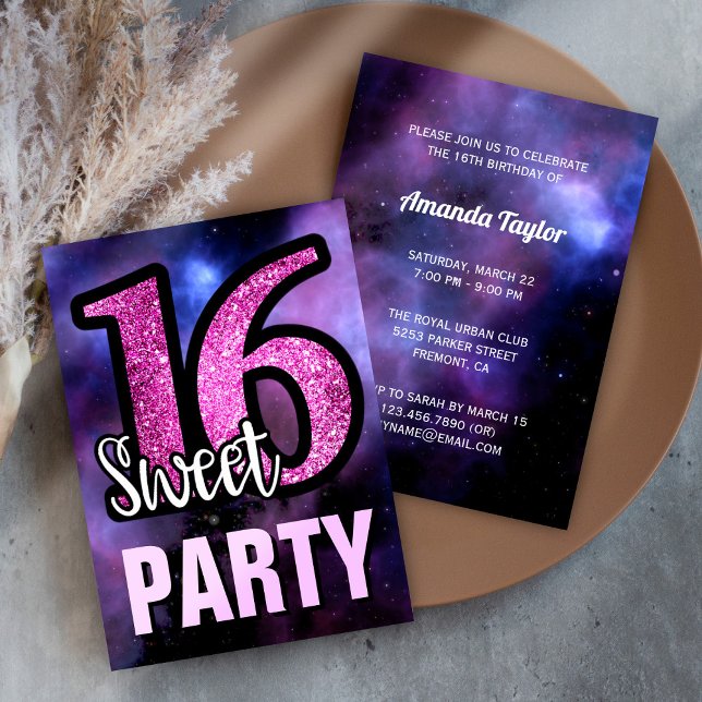 Lila Galaxy Rosa Glitter Sweet 16 Födelsedagsfeste Inbjudningar (Skapare uppladdad)