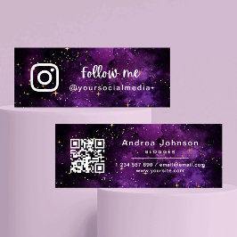 Lila Galaxy Sparkles Följ Social Media QR-kod Mini Visitkort