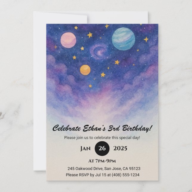Lila Galaxy Watercolor Himmel Birthday Inbjudningar (Framsida)