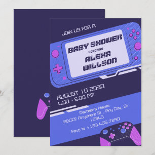 Lila gamerbabydusch inbjudningar