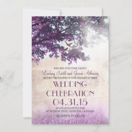 Lila gammal ekek träd & love birds bröllopsinbjuda inbjudningar