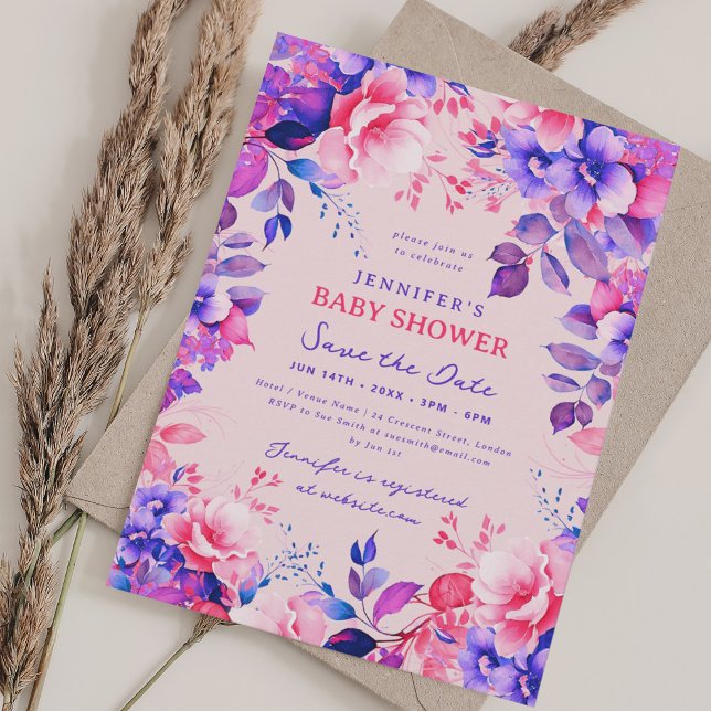 Lila Garden Blommigt Baby Shower Spara Datum  Inbjudningar (Purple Garden Floral Baby Shower Save Date Blush Invitation)