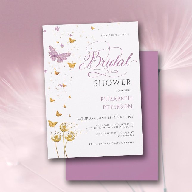Lila Garden Butterfly Wildblommor Möhippa Inbjudningar (purple gold bridal shower invitation butterflies wildflowers garden elegant boho rustic romantic)