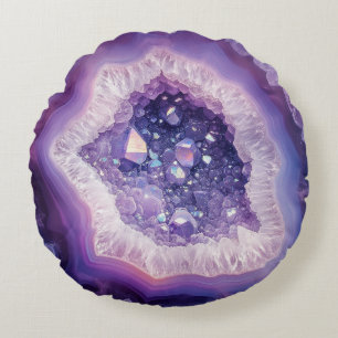 Lila Geode Sten Mineral Agate Crystal Modern Rund Kudde