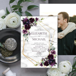 Lila Geometric Marble Blommigt Photo Bröllop Inbjudningar