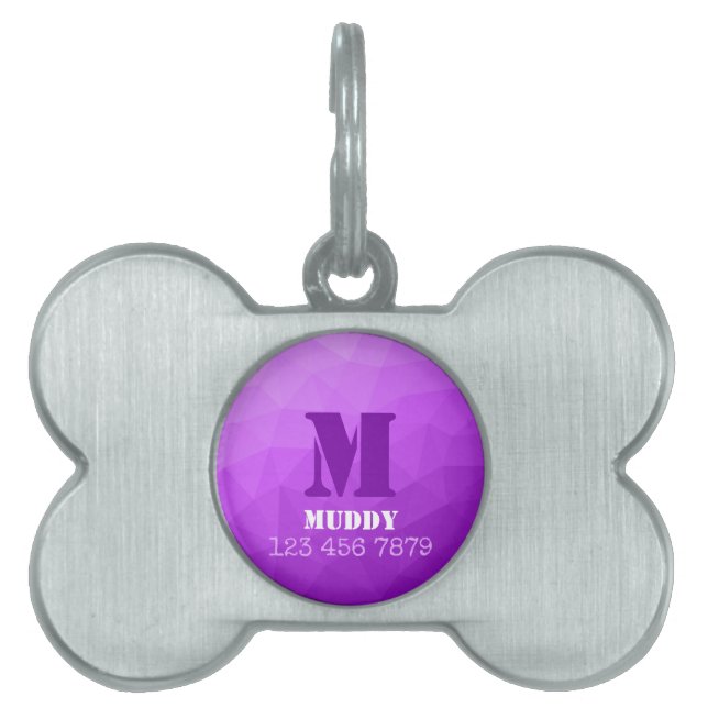 Lila geometriskt nätmönster anpassat monogram ID-bricka husdjur (Framsidan)