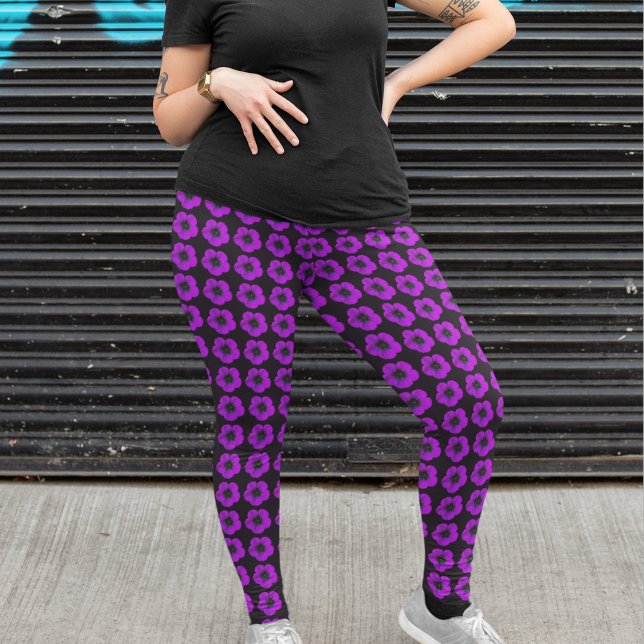 Lila Geranium på svart blommönster Leggings (In Situ)