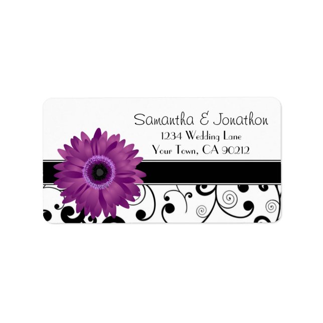 Lila Gerbera Daisy Black Rulla Address Label Adressetikett (Framsidan)