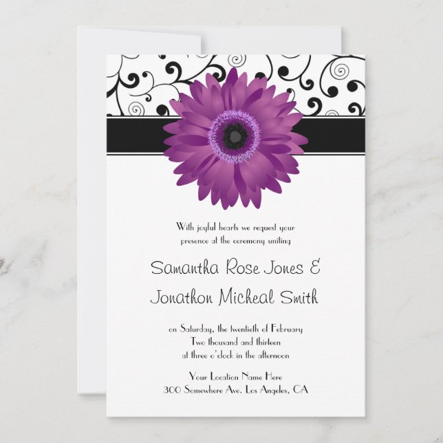 Lila Gerbera Daisy Black Rulla Design Bröllop Inbjudningar (Framsida)