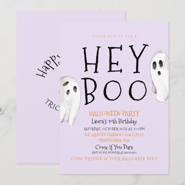 Lila Ghost Halloween-inbjudan. Inbjudningar (Fram/baksida)