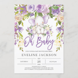 Lila gieneri, söt elefant, babydusch inbjudningar