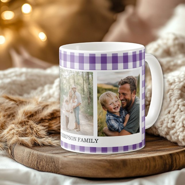 Lila Gingham 3 Photo Kaffemugg (Purple Gingham 3 Photo Coffee Mug)