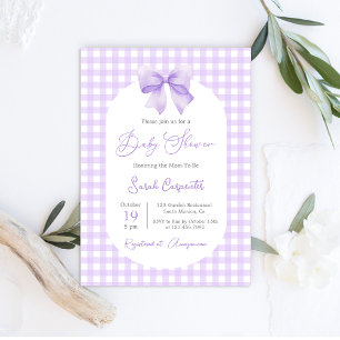 Lila Gingham Baby Shower-inbjudan med bog Inbjudningar